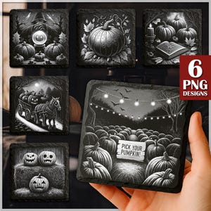 May include: Set of six black and white Halloween-themed slate coasters. Each coaster features a unique design, including pumpkins, a witch with a crystal ball, and a pumpkin patch with the text "PICK YOUR PUMPKIN!"