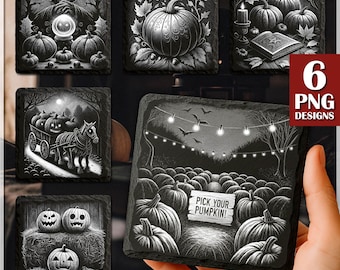 Halloween Engraving PNG Set: Spooky Pumpkins for Slate Coasters (Commercial Download)