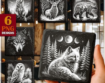Wildlife Engraving Bundle | Wolf, Bear, Deer, Fox & Owl | Forest Animals PNG for Slate Coasters | Glowforge | Commercial download