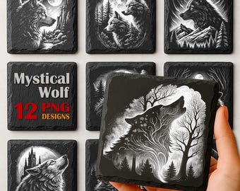 Podkładka z łupka Mystical Wolf PNG: Plik grawerowania laserowego Glowforge (pobranie cyfrowe)