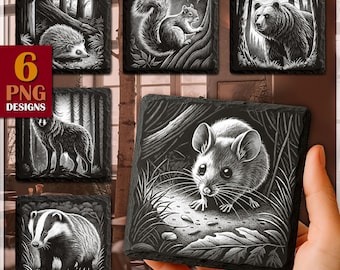 Wildlife Engraving PNG | Forest Animals for Slate Coaster (Commercial Download)