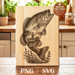 Largemouth Bass Fishing PNG for Wood Engraving | Bass Laser Cut Files | Angler Burning Pattern | Cutting Board SVG | CNC Router Art