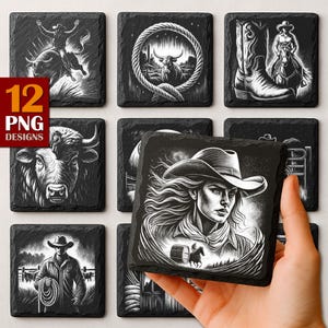 May include: A set of 12 square slate coasters with black and white Western-themed designs. The designs include a rodeo rider, a bull, a cowboy, and a cowgirl. The text "12 PNG DESIGNS" is visible.