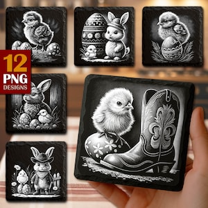 May include: A collection of black square slate coasters with Easter-themed designs. The designs include chicks, bunnies, decorated eggs, and a cowboy boot. The coasters are in black and white, with the text "12 PNG DESIGNS" in the upper left corner.