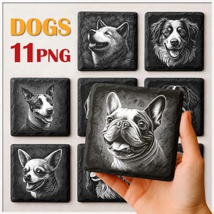 Dog PNG Slate Laser Burn Bundle, Slate Coasters Files PNG for Engraving, Engrave File, Commercial download, Glowforge, Dog PNG Digital File