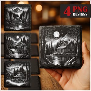 Rustic Cottage Laser,  PNG Slate Laser Burn, Engrave File, Lake Mountain Slate Coasters Files PNG Engraving, Rustic Cabin lake, Glowforge