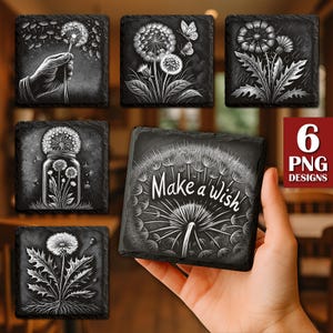 Dandelion Laser Engraving PNG: Botanical Coaster Files, Glowforge Ready (Digital Download Bundle)