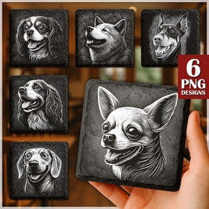 Dog PNG Slate Laser Burn Bundle, Slate Coasters Files PNG for Engraving, Engrave File, Commercial download, Glowforge, Dog Digital File