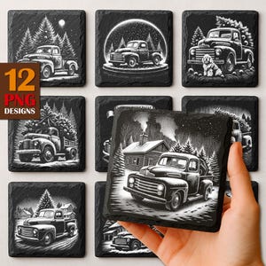 May include: Set of 12 black square coasters with white illustrations of vintage trucks in winter scenes. Designs include trucks with Christmas trees, snow globes, and snowy landscapes. The text "12 PNG DESIGNS" is in the corner.