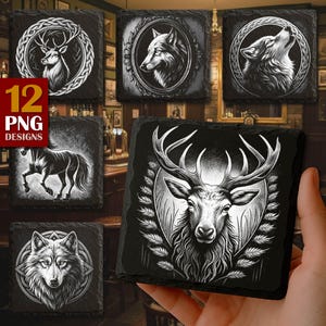 Peut inclure: Ensemble de dessous de verre carrés noirs avec des motifs d'animaux blancs, dont un cerf, un loup et un cheval. Les dessous de verre ont un aspect texturé. L'image contient également le texte "12 PNG DESIGNS".