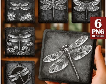 Dragonfly Laser Burn PNG, Engrave File, Slate Coaster Files PNG for Engraving, Commercial download, Glowforge, Floral Dragonfly File,Digital
