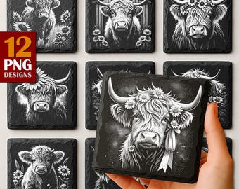 Highland Cow Sunflower Engraving PNG Set: Laser Coaster Files (Digital Download)