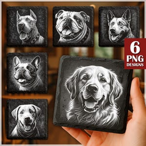 Dog PNG Slate Laser Burn Bundle, Slate Coasters Files PNG for Engraving, Engrave File, Commercial download, Glowforge, Dog PNG Digital File