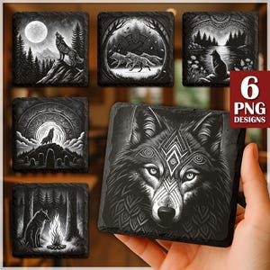Wolf PNG Bundle for Engraving | Rustic Wolf Designs for Slate Coasters | Wildlife Animal Clipart for Laser Engraving | Glowforge | Digital
