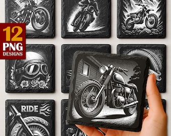 Motorrad PNG Gravur Designs | Vintage Biker Kunst für Schieferuntersetzer (Kommerzieller Download)