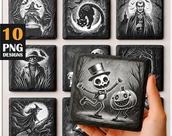 Halloween Slate Coaster Design, Spooky Characters PNG Laser Engraving Files: Glowforge, xTool (Digital Download)