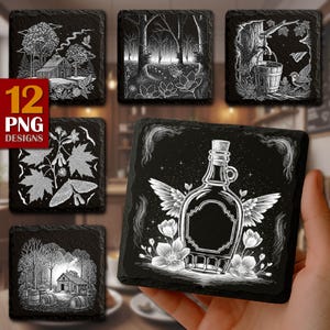 Könnte beinhalten: Ein Set aus 12 PNG-Designs mit schwarzen Schieferuntersetzern mit weißen, geätzten Illustrationen. Designs umfassen eine Hütte, Waldszenen, Ahornblätter und eine Flasche mit Flügeln. Die Untersetzer sind quadratisch.
