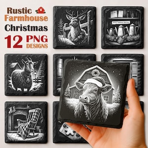 Casa de fazenda rústica de Natal PNG para ardósia a laser, arquivo de gravação, arquivos de porta-copos de ardósia de férias, gravura em PNG, download comercial, Glowforge