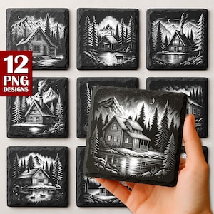 Rustic Cottage Laser, PNG Slate Laser Burn, Engrave File, Lake Mountain Slate Coasters Files PNG Engraving, Vintage Cabin lake, Glowforge