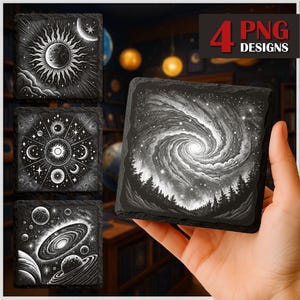 May include: Four black and white illustrations of celestial bodies on a slate background. The designs include a sun with rays, a galaxy with a swirling nebula, a cluster of planets and stars, and a galaxy with a swirling nebula and a forest in the foreground.