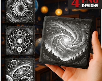 Pacchetto PNG per incisione laser dello spazio celeste del cosmo, pianeta, sole, stella, Via Lattea. File per incisione spaziale, sottobicchiere in ardesia, download commerciale, Glowforge