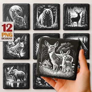 Wildlife PNG Slate Laser Burn, Wild Animal Engrave Files, Nature Slate Coaster Files PNG Engraving, Glowforge, Commercial download, Digital