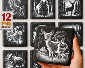 Wildlife PNG Files: Slate Laser Engrave, Wild Animal Coaster Designs (Digital Download)
