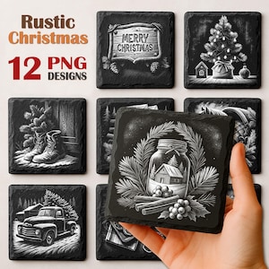Natal rústico, PNG para ardósia a laser, arquivo de gravação, arquivos de porta-copos de ardósia de feliz Natal, gravação em PNG, download comercial, Glowforge