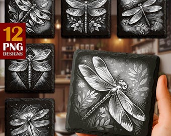 Dragonfly Laser Burn PNG, Engrave Files, Slate Coaster Files PNG for Engraving, Commercial download, DIY Botanical Laser Files, Glowforge
