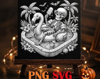 Summerween Skeleton Flamingo Laser Engraving Files for Slate Coasters | Tropical Halloween SVG | Beach PNG Laser Engrave File | Glowforge