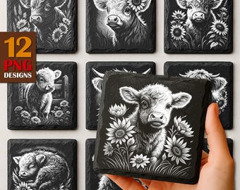 Pacchetto PNG di girasoli Highland Cow: incisione su sottobicchiere rustico in ardesia (download digitale)