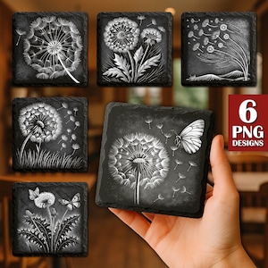 May include: A collection of six square slate coasters featuring white dandelion designs. Some coasters include butterflies. The coasters are black with white illustrations. The image includes the text "6 PNG DESIGNS".