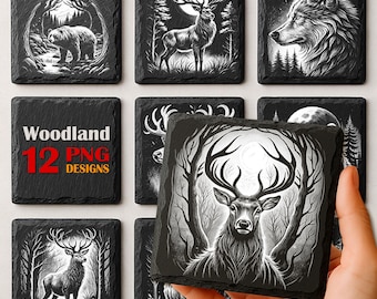 Woodland Wildlife Laser Engraving PNG Files: Rustic Slate Coaster Designs (Digital Download)