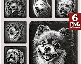 Op de afbeelding: Zes vierkante onderzetters met gedetailleerde zwart-wit hondenportretten. Rassen zijn onder meer een poedel, husky, Yorkshire terrier, Rottweiler, een kleine pluizige hond en een Pomeranian. De onderzetters zijn gemaakt van donker materiaal.