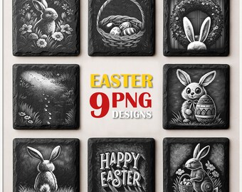 May include: Nine black and white illustrations of Easter bunnies, eggs, and other Easter-themed imagery. The illustrations are on a black background and have a hand-drawn, sketched look. The text "EASTER 9 PNG DESIGNS" is in the center of the image.