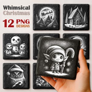 May include: A collection of black square coasters with whimsical Christmas designs in grayscale. Designs include a snowman family, an owl with a candy cane, and a Santa Claus scene. The text "Whimsical Christmas 12 PNG Designs" is also visible.