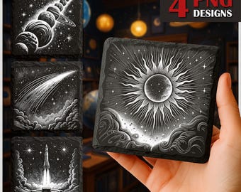 Pacchetto di immagini PNG per incisione laser dello spazio celeste: pianeti, sole, razzo (download commerciale)