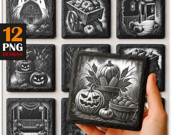 Halloween Engraving PNG Set: Spooky Pumpkins, Slate Coasters (Commercial Download)