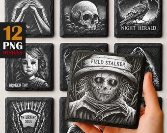 May include: A set of 12 PNG designs featuring spooky, black and white illustrations on square slate coasters. Designs include a skull, raven, doll, and scarecrow. Text includes "WEB WRAITH", "GRIM RISE", "NIGHT HERALD", "BROKEN TOY", "RETURNING SOUL", and "FIELD STALKER".