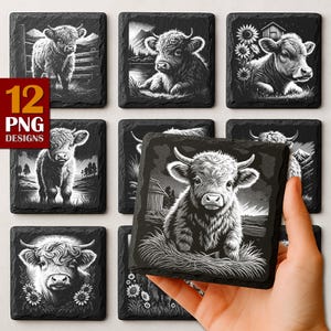 May include: A set of 12 square slate coasters, each featuring a black and white illustration of a Highland cow in various pastoral scenes. The coasters are designed with a rustic aesthetic, perfect for home decor.
