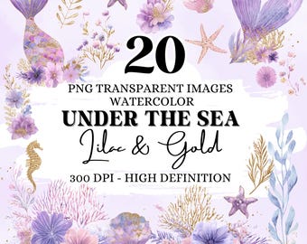 Watercolor Under the Sea Clipart: Lilac, Purple, and Gold (Digital Download)