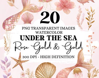 Watercolor Under the Sea Clipart: Rose Gold Mermaid, Jellyfish (Digital Download)