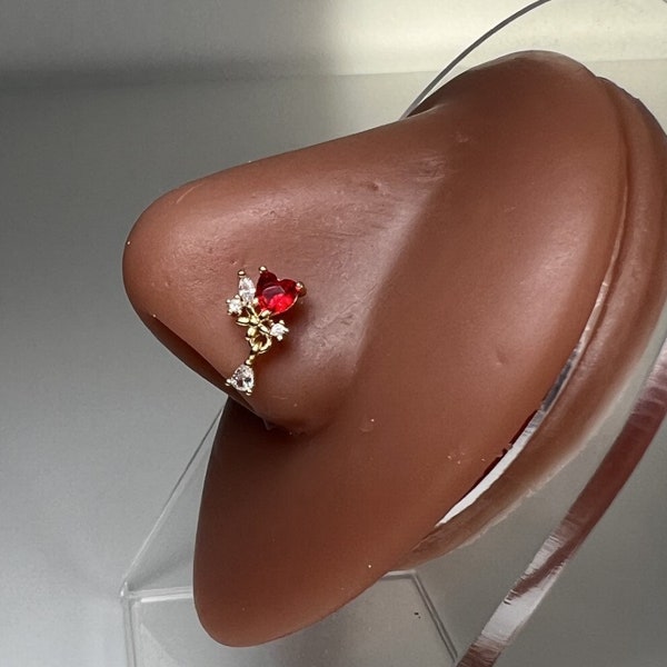 Red heart gem dangle nose stud, gold nose stud, silver nose stud , dainty nose stud