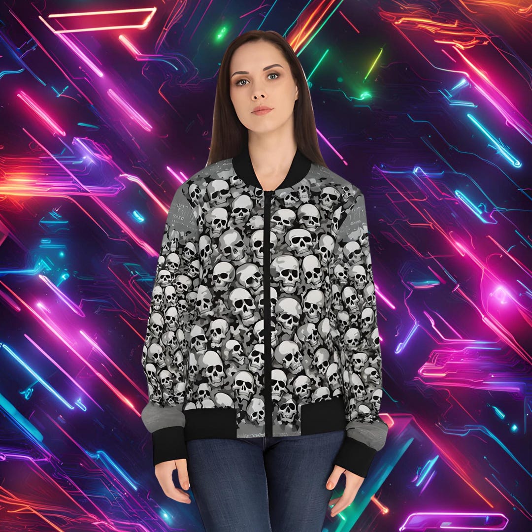 Black Cartoon Skull Women's Bomber Jacket
