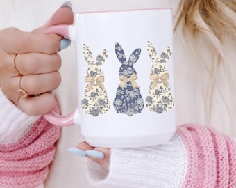 Vintage Flower Bunny Mug, Easter Coffee Mug, Easter Mug, Cute Aesthetic Bunny Coquette Mug, Pink and Blue Flower Bunny Mug, Easter 2025 Mug