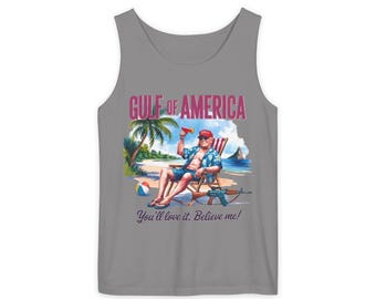 Gulf of America beach scene Tank Top | vintage seaside graphic, tropical palm, lounge chair