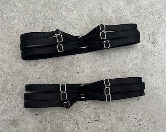 set of 2 black adjustable thigh garters leg harness with silver color metal accessories