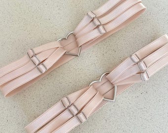 set of 2 adjustable beige wedding leg garters with heart, bridal lingerie accessory