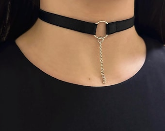 Zwarte verstelbare ravechoker met ketting, gotische ketting