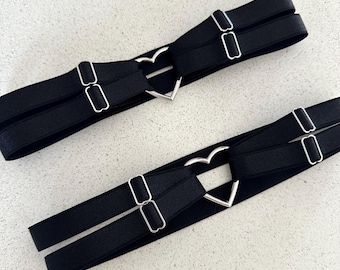 set of 2 adjustable black leg garters with metal heart, plus size thigh straps